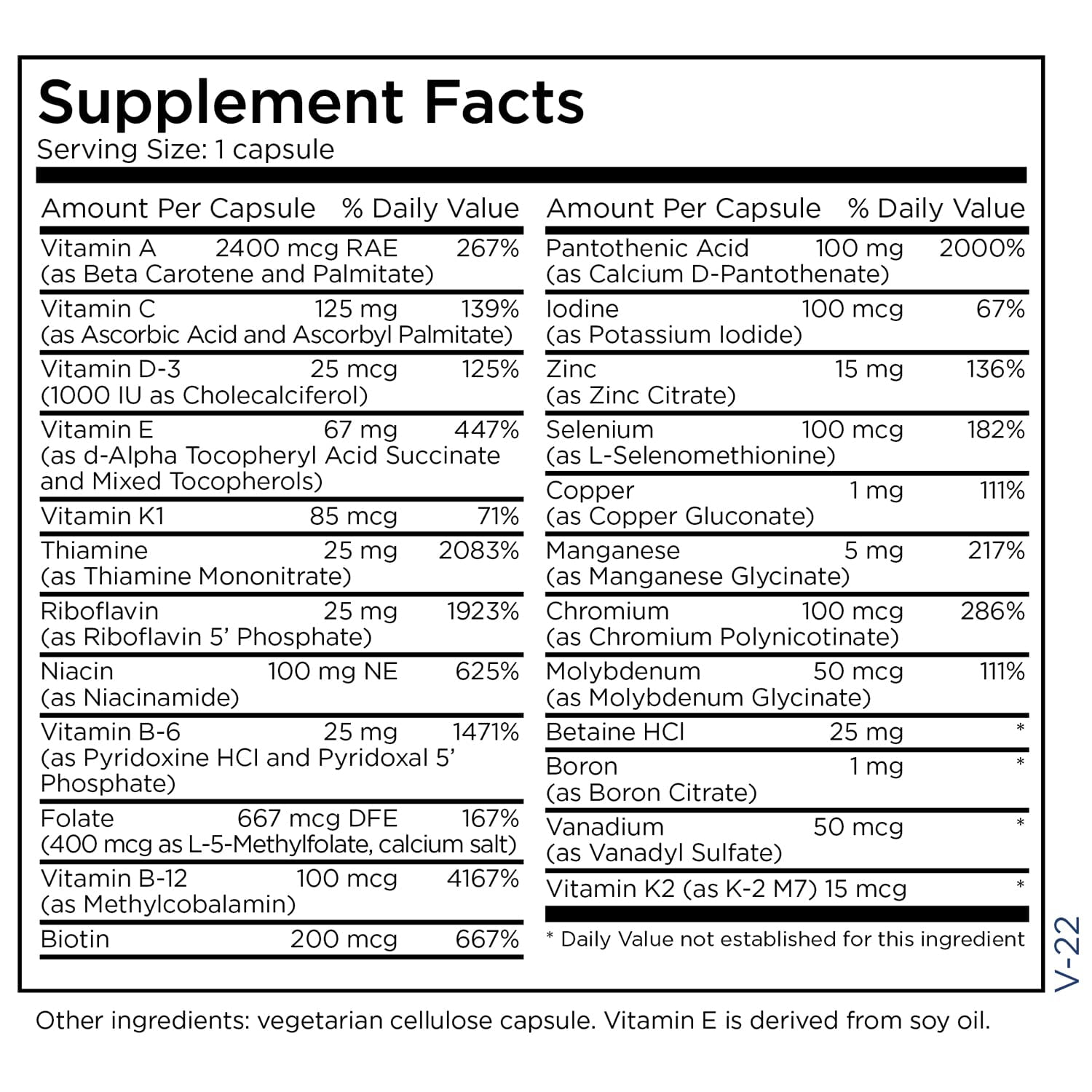 Metabolic Maintenance The Big One Without Iron - Vitamin A, Vitamin B, Folate Daily Multivitamin - Contains Trace Minerals in Bioavailable Forms (90 Capsules)