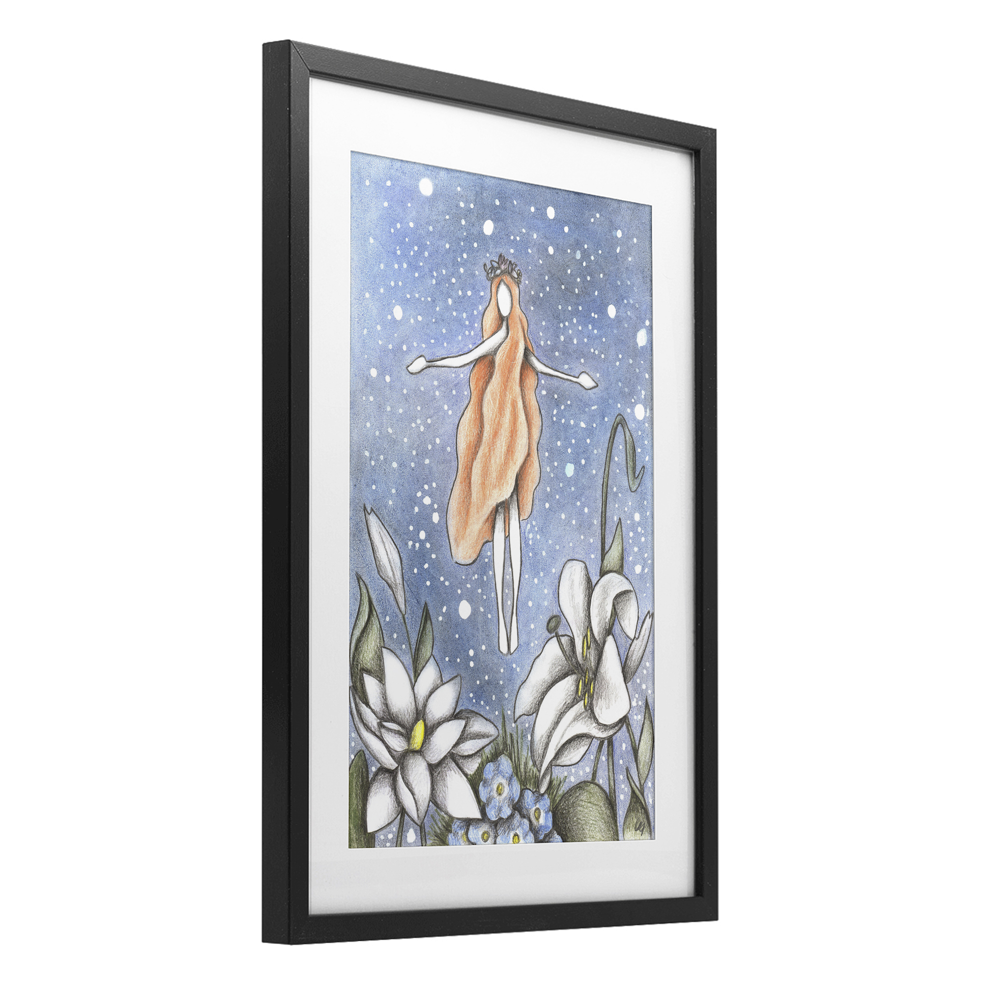 Mystical Garden Fairy Sparkle Black Framed Print Under Glass, design by Cecilia Battaini