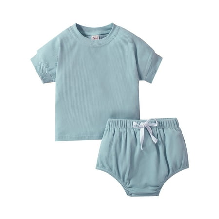

WPNAKS 2PCS Toddler Baby Clothes Suit Solid Color Round Neck Short Sleeve Tops+Patchwork Bandage Shorts