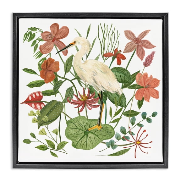 Stupell Industries Eclectic Heron with Wild Florals Black Floating Frame Canvas Art, 18 x 18, by Melissa Wang