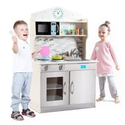 Giantex Kids Kitchen Playset, Wooden Pretend Cooking Playset w/ Cookware Accessories, Removable Sink, Microwave, Display Shelf, Toddler Pretend Play Kitchen Toy, Best Gift for Girl, Pink