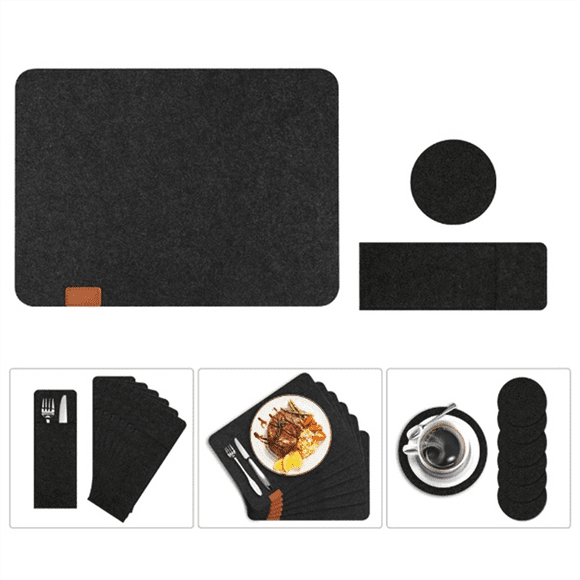 7 Set Washable Felt Placemats Table Mats Glass Knife Fork Coasters Cutlery Bags Set Insulation Pads Black