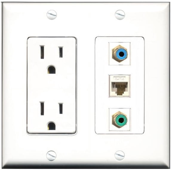 RiteAV - 15 Amp Power Outlet 1 Port RCA Green 1 Port RCA Blue 1 Port Cat6 Ethernet Ethernet White Decorative Wall Plate