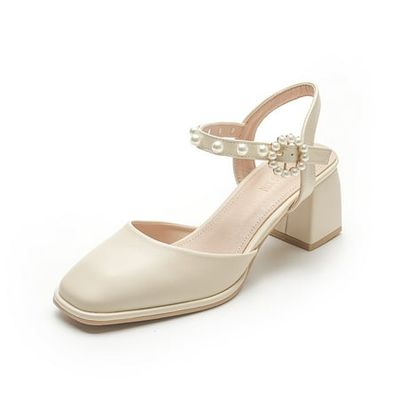 

Women‘s Faux Pearl Ankle Strap Sandals French Style Chunky Heel High Heels Closed Square Toe Shoes