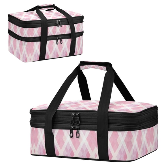 Large Double Decker Insulated Casserole Carrier Expandable 2-Layer Thermal Food Tote Bag Pink Purple Argyle Plaid Hot Cold Pizza Lasagna Holder for Potluck Picnic Party Camping