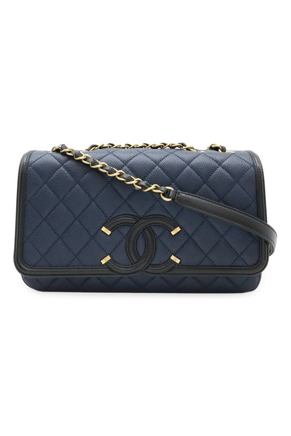 Pre-Owned CHANEL CC Filigree Coco Mark Flap Bag with Chain Shoulder in Navy Caviar... (Good)