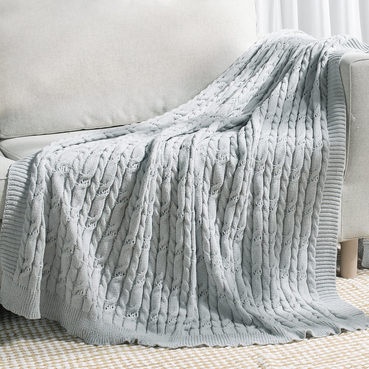 Carriediosa Cable Knit Throw Blanket Farmhouse Decor for Couch Chair Bed Sofa, 60" x 80" Light Grey