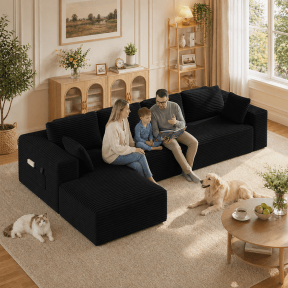 135" L-Shaped Cloud Modular Sectional Sofa, Corduroy Upholstery, Deep Seat Memory Foam Cushion, Black