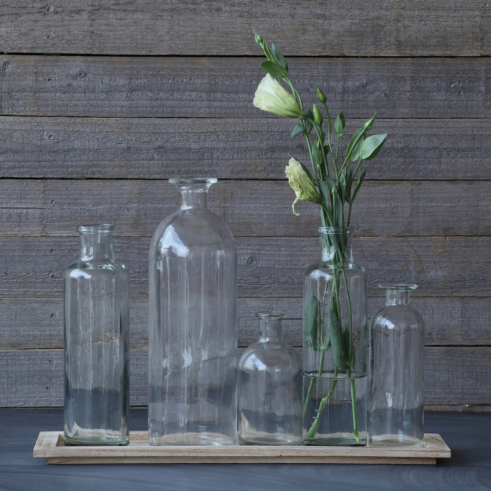 3R Studios Vintage Bottle Vases on Wood Tray Set of 5