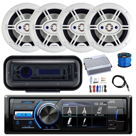 JVC KD-X560BT Marine Bluetooth Digital Media AM/FM Radio Receiver, Radio Cover, 4-Channel Amplifier w/Kit, 4x 6.5" 240W 4-Way Outdoor Speakers (White), Wire, Antenna
