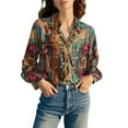thumbnail image 4 of Women Cotton Shirt Printed Fashion Button Down Shirts Casual Tops Long Sleeve Blouse Brown, 4 of 7