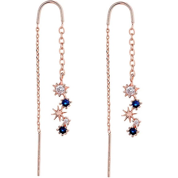 4 Pcs Star Chain Tassel Threader Earrings for Women Silver Lightweight Star Beaded Curved Ear Line Wave Dangle Drop Earrings Minimalist Charm Long Threader Earrings Set Rose Gold