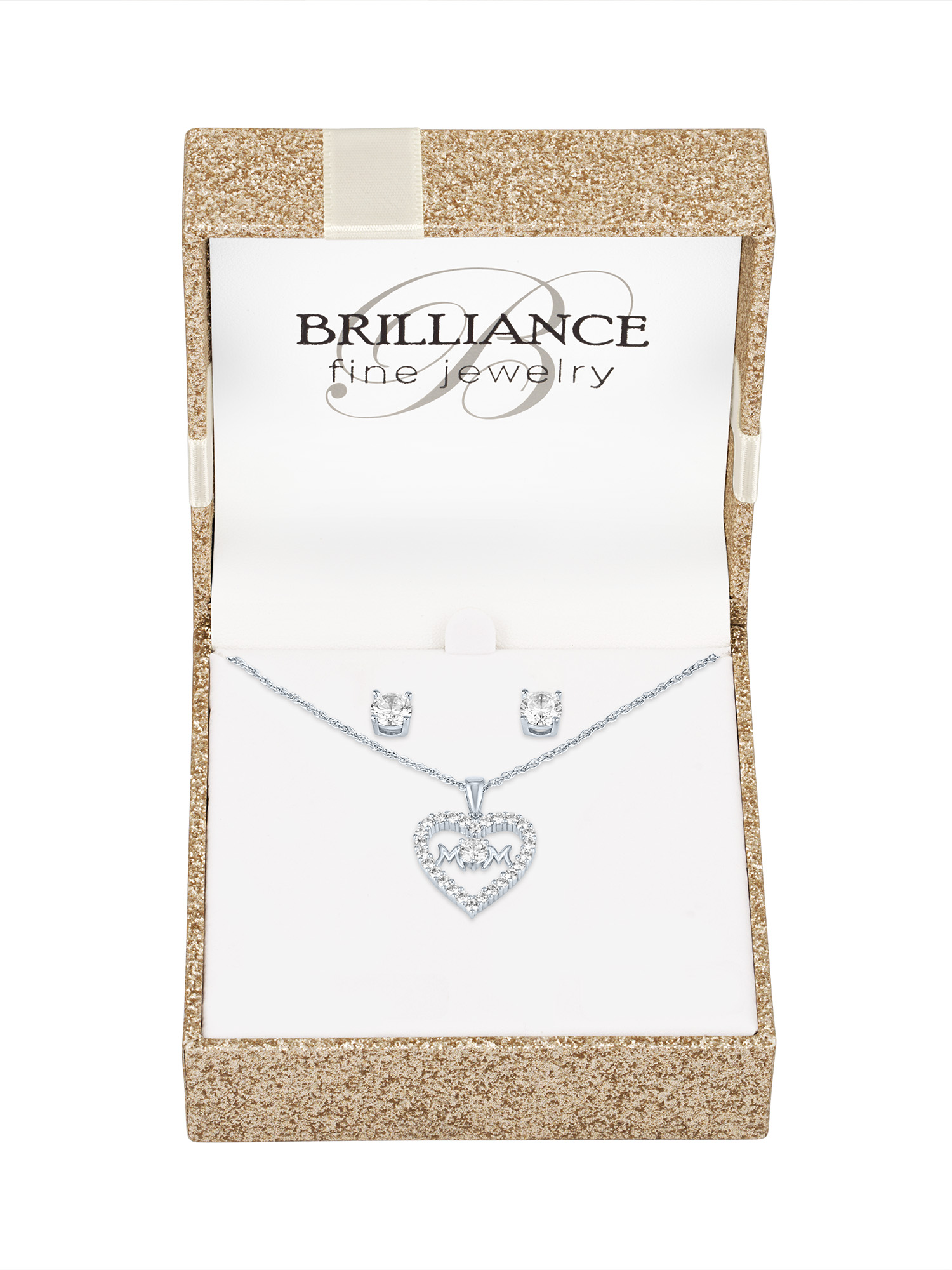 Ladies Brilliance Fine Jewelry Sterling Silver Plated Simulated Diamond Mom Pendant & Earring Set