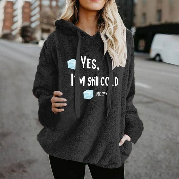 Fanxing Yes I'm Still Cold Womens Fuzzy Pullover Hoodie Cozy Oversized Drawstring Sherpa Fleece Sweatshirts Soft Winter Warm Sweaters Outerwear Black 3XL