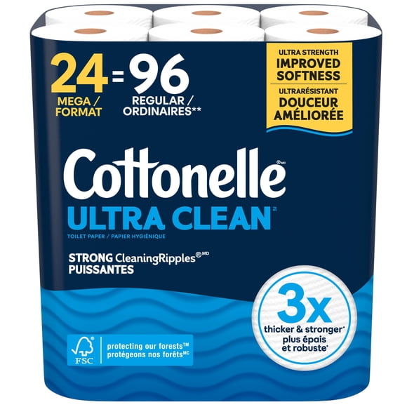 Papier hygiénique Cottonelle Ultra Clean, papier hygiénique résistant, 24 méga rouleaux