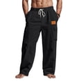 thumbnail image 3 of Mens Loose Fit Linen Pants - Summer Lightweight Elastic Drawstring Waist Casual Cargo Trousers with Pockets Black L, 3 of 4