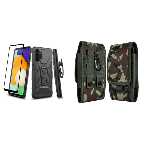 Bemz Phone Case for Galaxy A14 5G with Slim Fit Heavy Duty Construction Shockproof Rugged Magnetic Metal Kickstand Cover, Screen Protector, Vertical Nylon Belt Holster Pouch (Black/Jungle Camo)