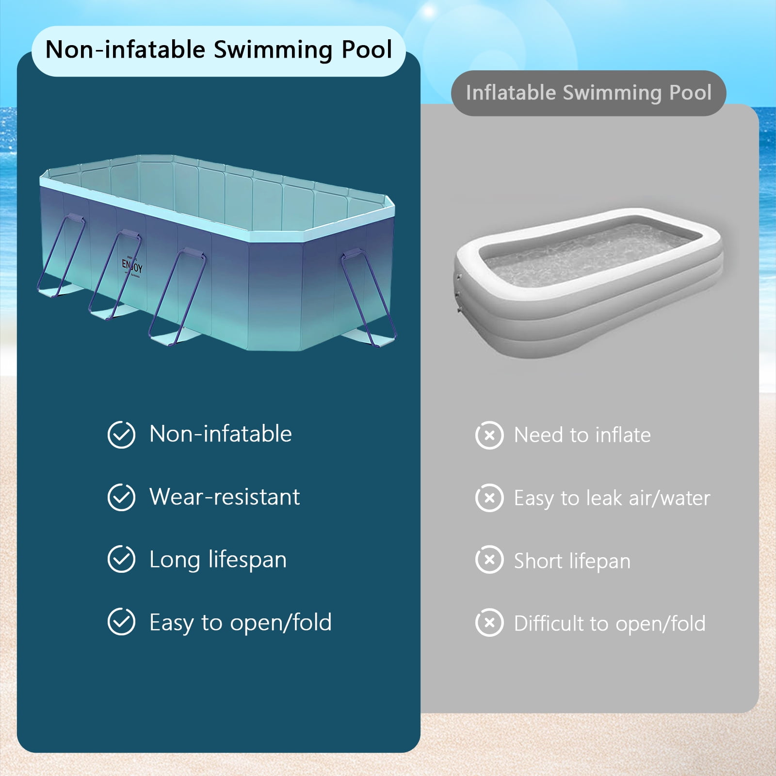 Jonster Upgraded Foldable Swimming Pool, Metal Bracket Non-Inflatable Outdoor Above Ground Pools for Kids Adults, 116in