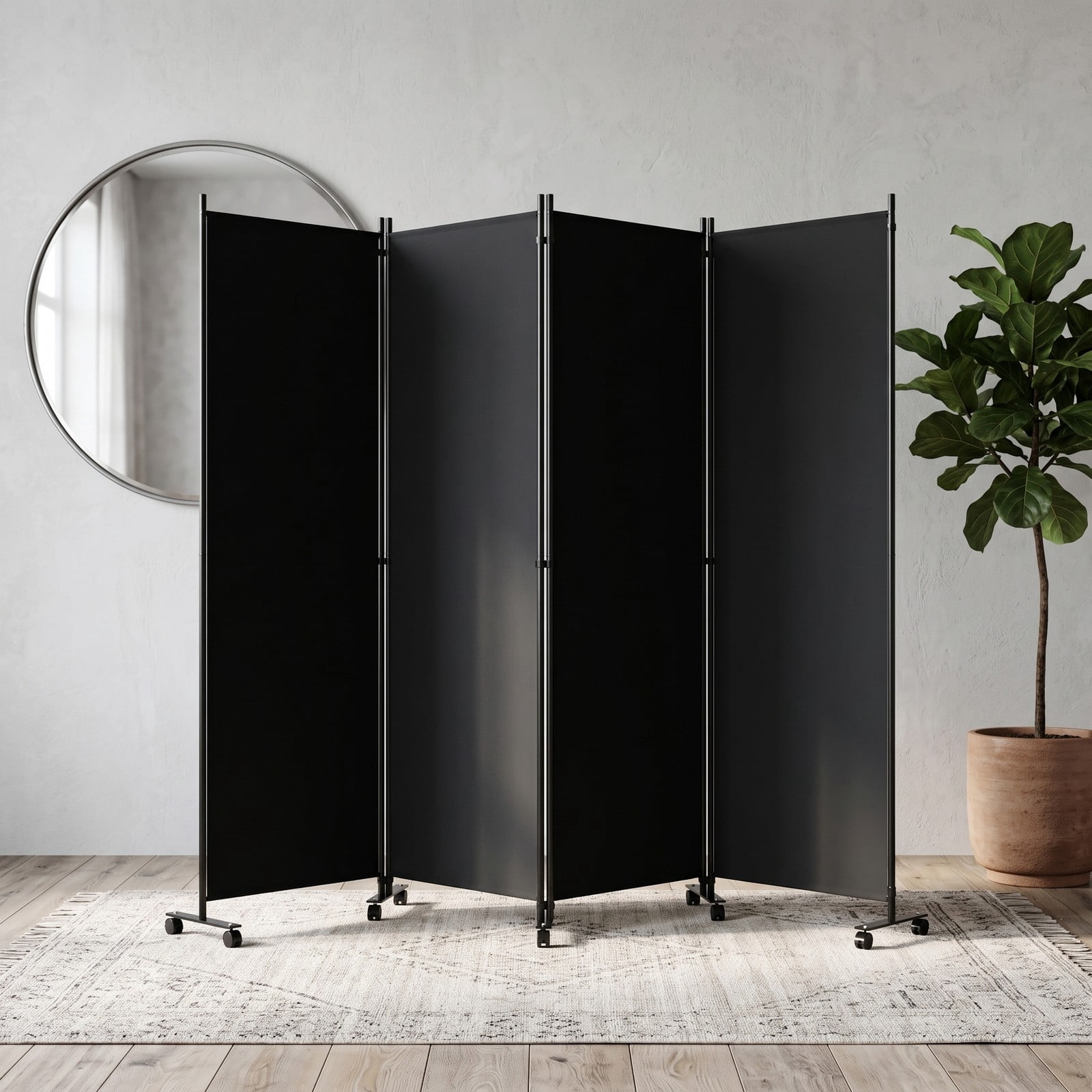 ALPULON 4 Panel Folding Privacy Screen Room Divider with Universal Wheels, Freestanding Portable Polyester Fabric Partition Panel for Living Room Bedroom Office, Black