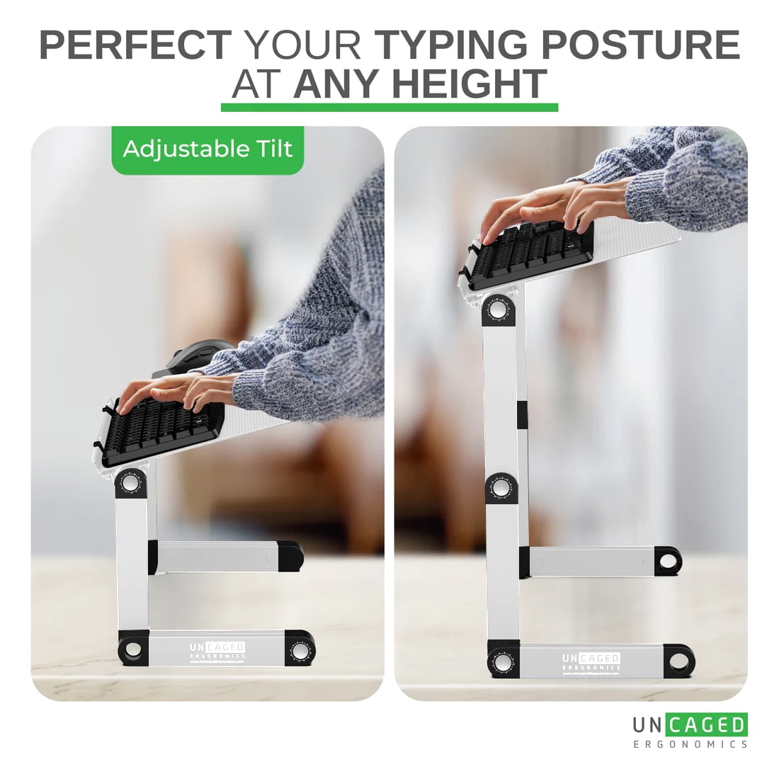 Adjustable Keyboard Stand and Mouse Tray – WorkEZ Aluminum Ergonomic Keyboard Riser for Desk or Standing Setup, Negative Tilt Keyboard Shelf for Comfortable Typing (Silver)