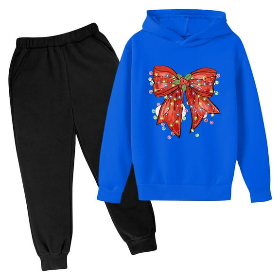 Piuwrlz Long Sweatshirt Sleeved and Elastic Waist Pants Little Girls Boys Sweatsuits 2pcs Sets Printed Christmas Bow-knot Hood Activewear Set Blue Size 3 Years