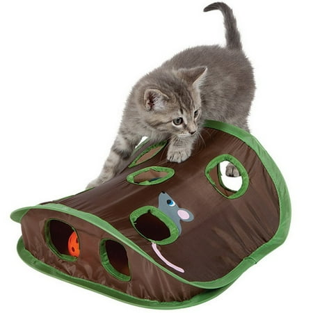 Fysho Cat Mice Toy Hide & Seek Game Collapsible Puzzle Exercise Toy 9 Holes Mouse Hunt with Bells Novelty Funny Toys for