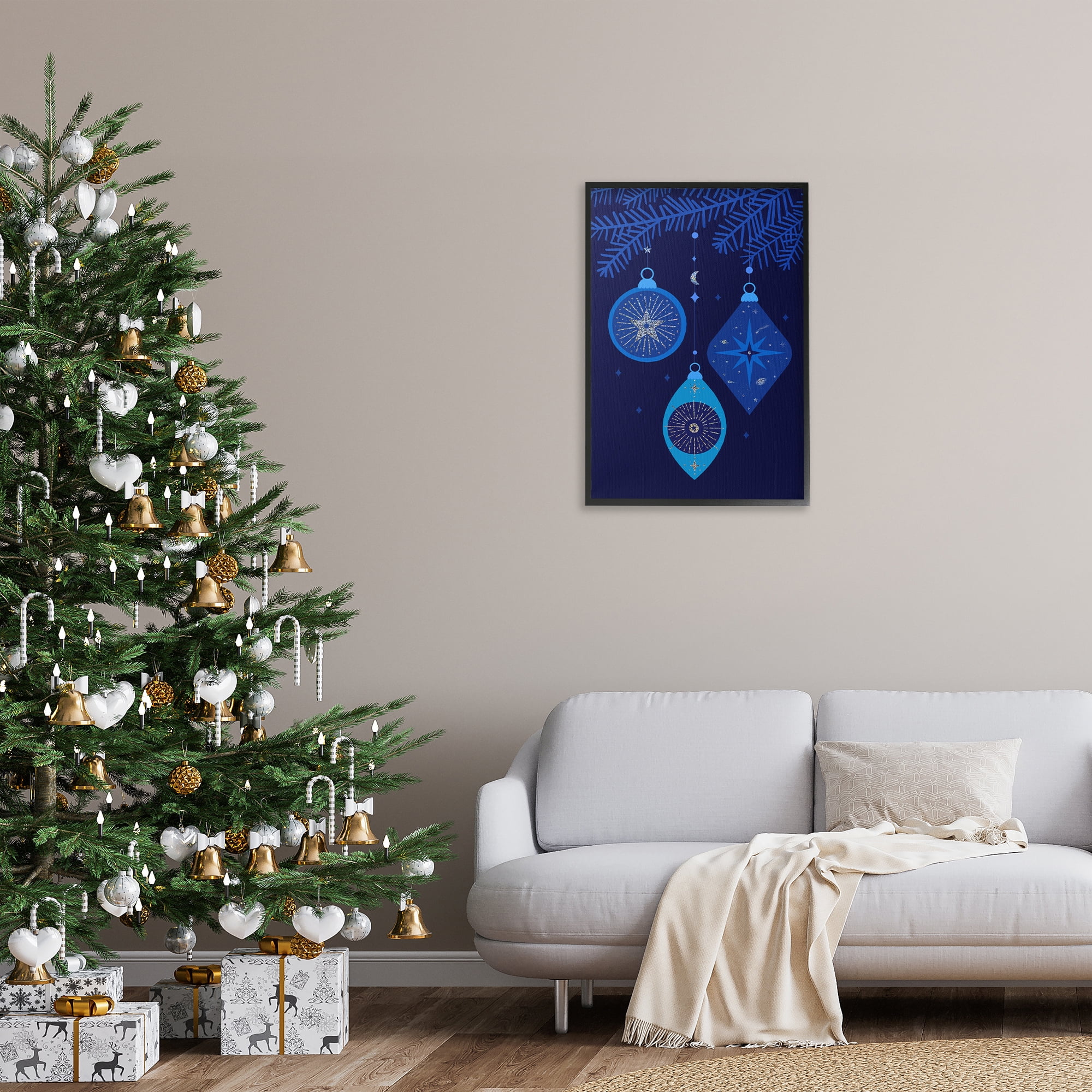 Stupell Industries Blue Hanging Ornaments Holiday Painting Black Framed Art Print Wall Art, 20 x 30