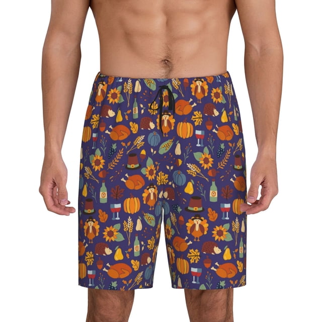 Balery Thanksgiving Turkey 2 Pantalones cortos de pijama de punto de algodón para hombre con cinturilla y bolsillos-Large