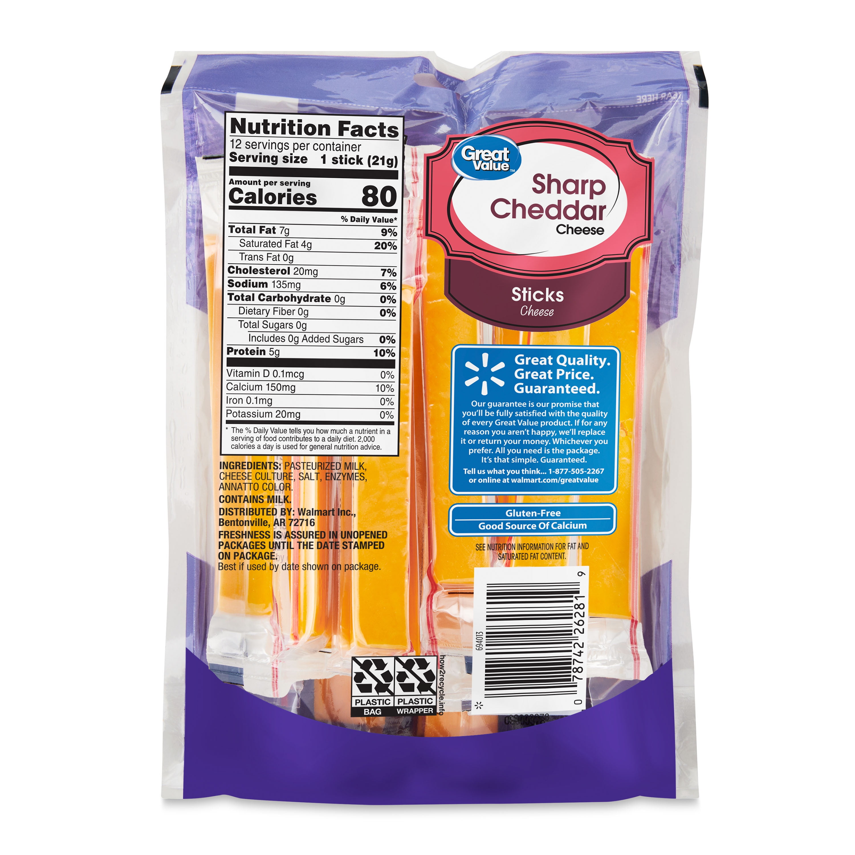 Great Value Sharp Cheddar Cheese Snack, 9 oz Bag, 12 Cheese Sticks