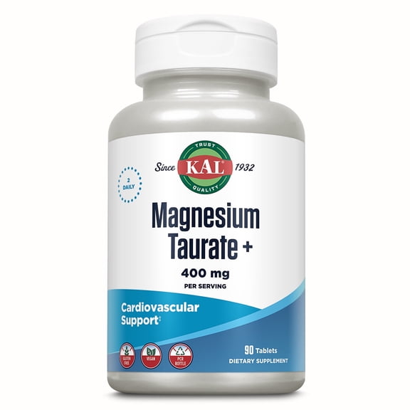 KAL Magnesium Taurate Plus 400mg w/ Coenzyme B6 | Highly Bioavailable, Chelated, Vegan (120 CT)