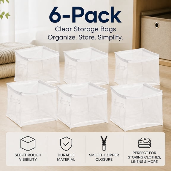 Clear Zippered Storage Bags for Closet Organization, Stackable Clothing and Linen Storage Containers, 6-Pack