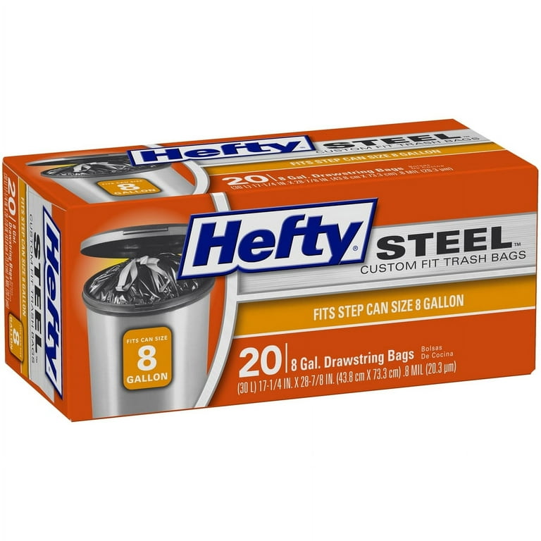 Hefty Steel Custom Fit G Size Drawstring Trash Bags, Black, Unscented, 8  Gallon, 20 Count