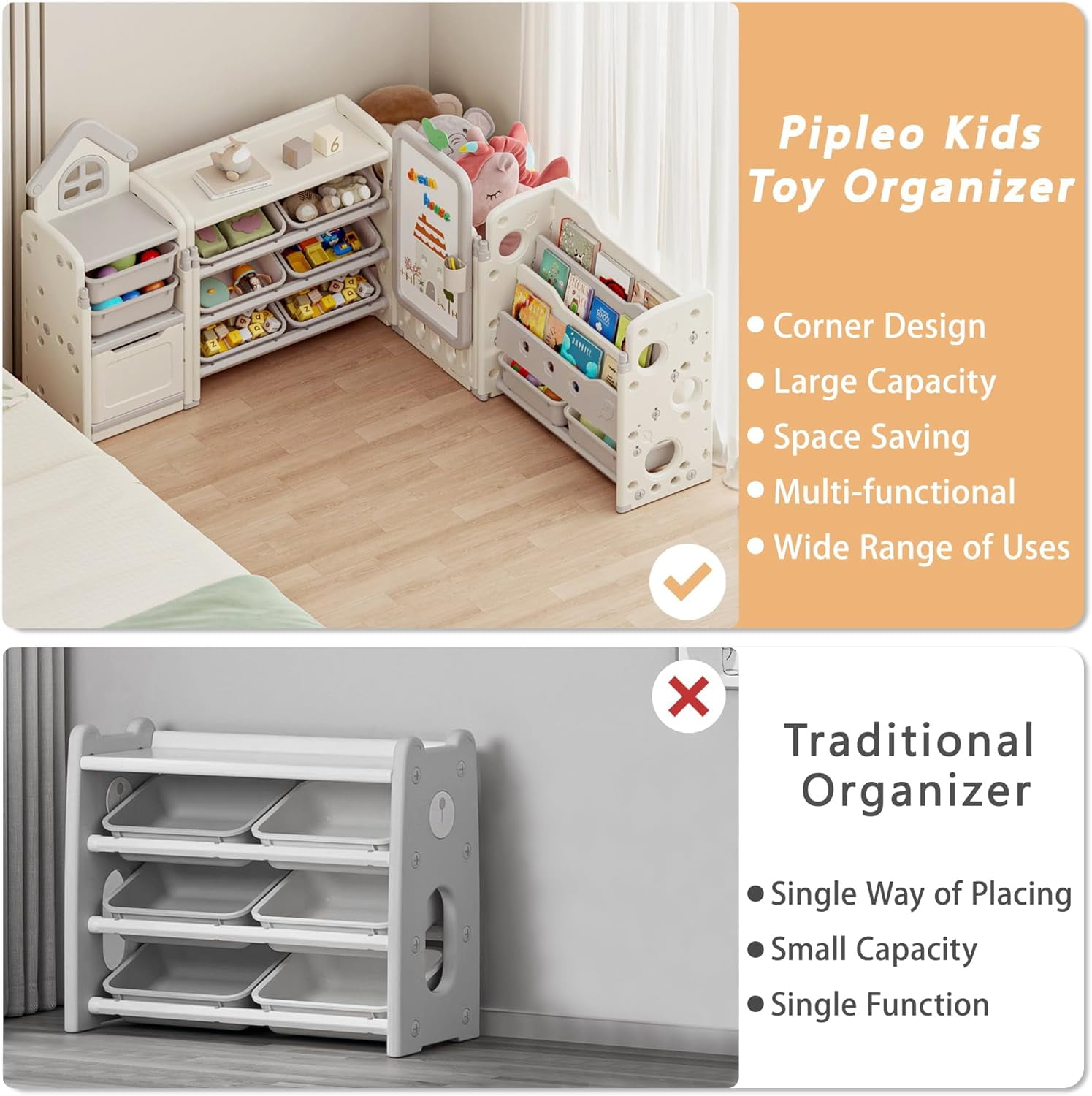 Kids Toy Storage Organizer with 10 Removable Bins, NEORIVER Foldable Toy Organizers and 3-Tier Bookshelf, White