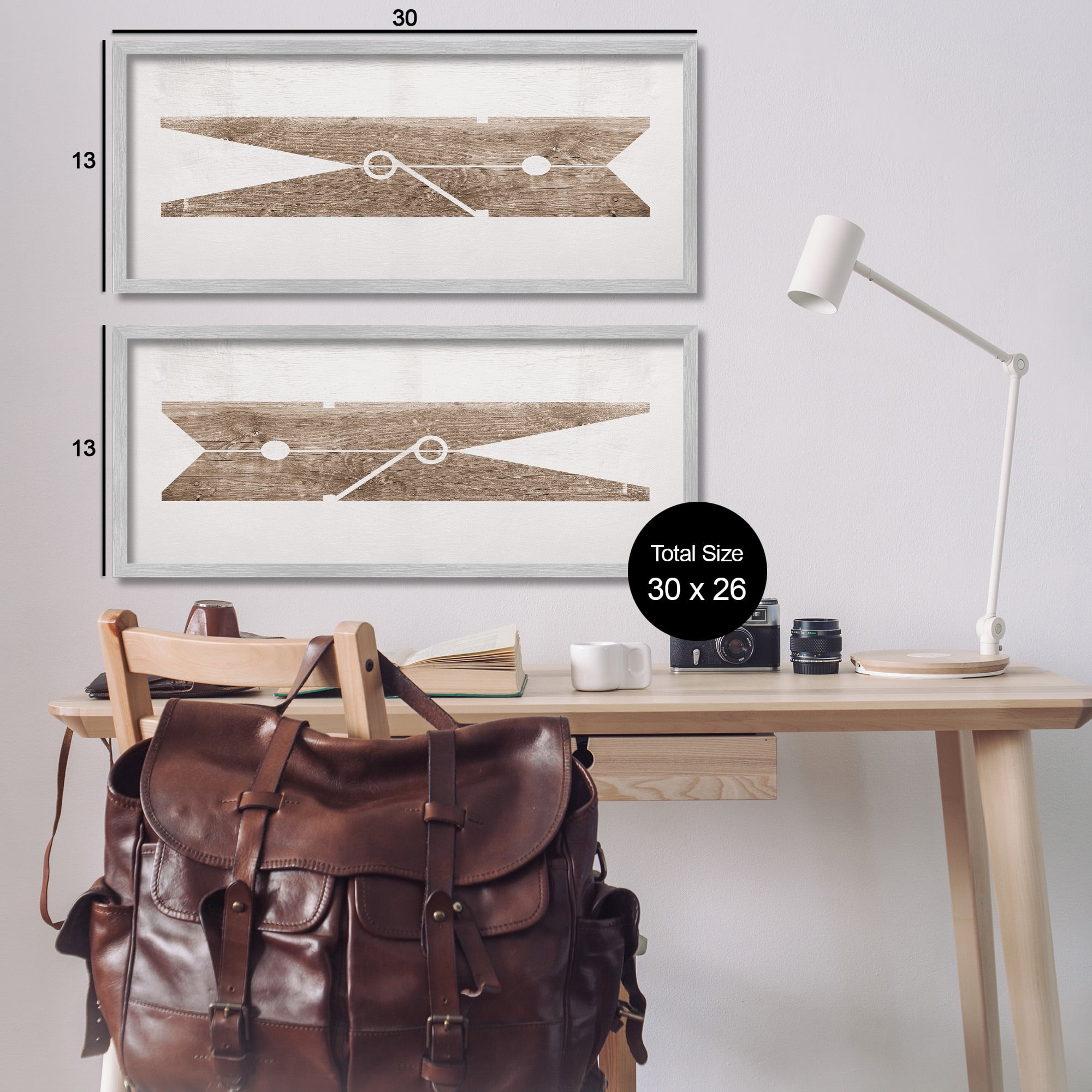 Stupell Industries Minimal Laundry Clothespins Abstract Painting Gray Framed Art Print Wall Art, 30 x 13, Set of 2