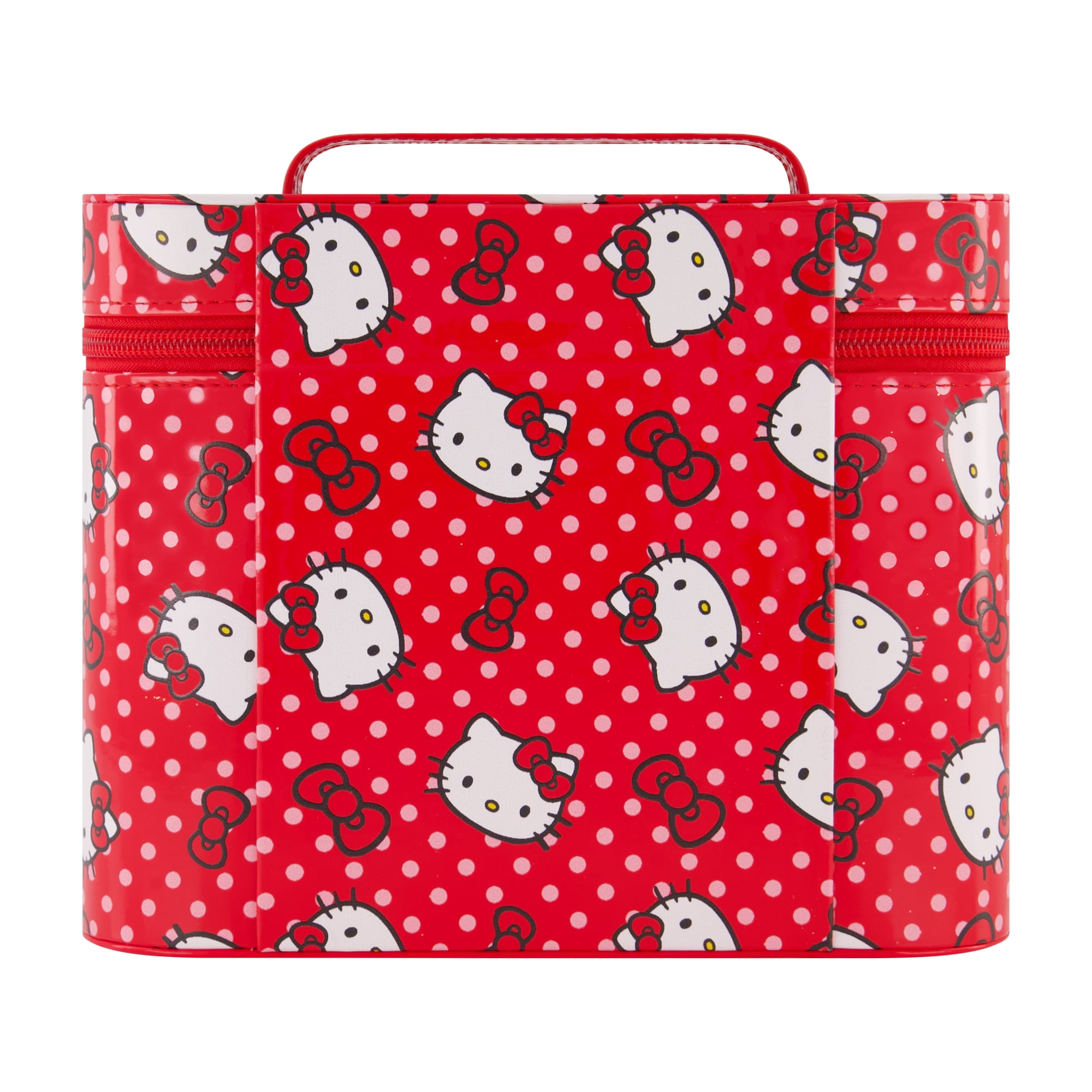 Hello Kitty Large Cosmetic Travel Case Organizer, Portable Makeup Box with Mirror and Dual Zipper, Red