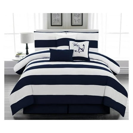 Microfiber Nautical Comforter Set - 7pc Navy Blue & White Striped Bedding - Full, Queen, King, Cal King - Anchor Design