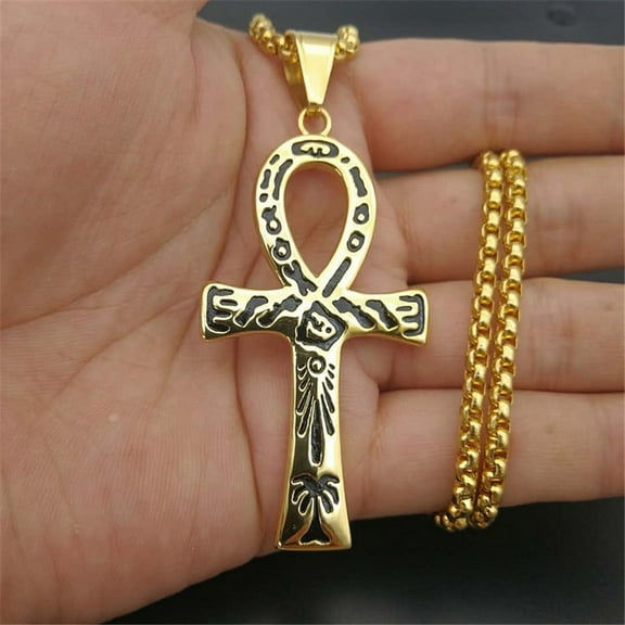 Mystical Egyptian Ankh Cross Pendant Necklace For Men 14K Yellow Gold Egypt Hieroglyphs Charms Jewelry