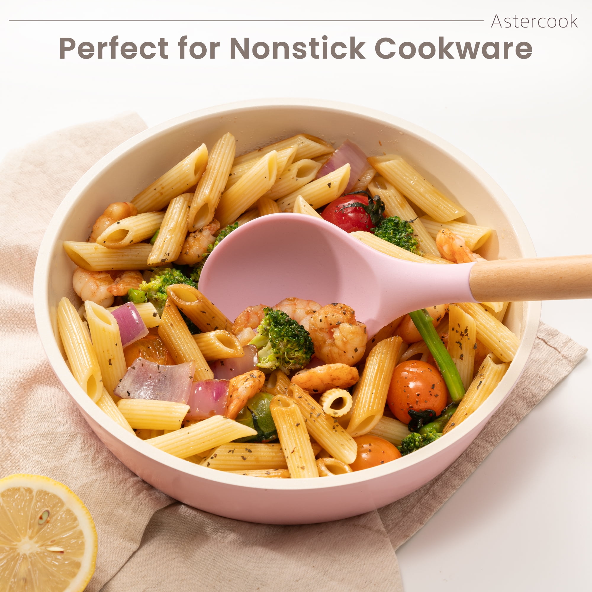 Astercook Silicone Cooking Utensils Set, 38 PCS Kitchen Utensils Set for 446°F Heat Resistant, Food Grade Utensil Sets with Wooden Handle, Kitchen Gadgets for Nonstick Cookware BPA Free (Pink)