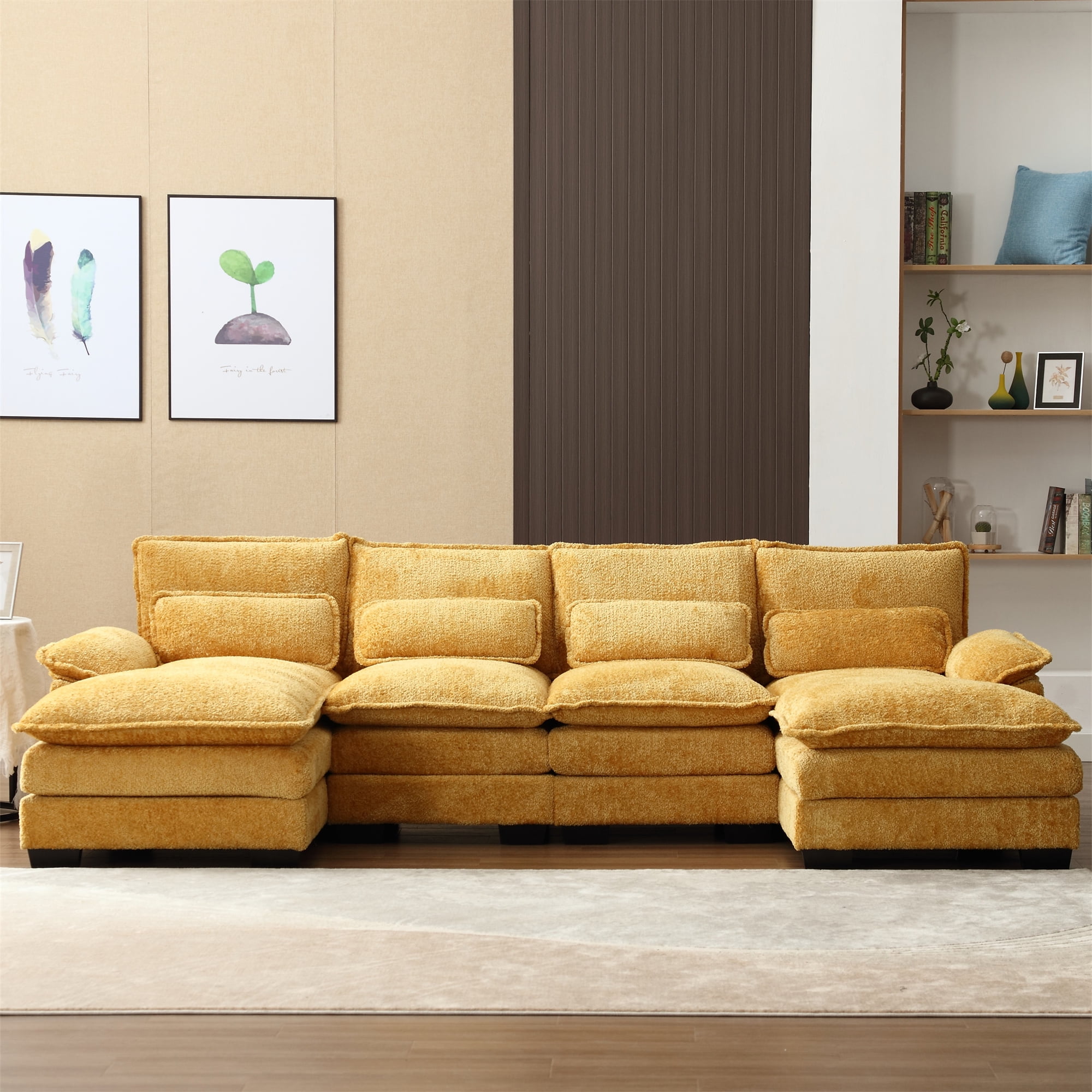 Aukfa 110" Sectional Sofa Overstuffed U shape Couch for Living Room, 4 Lumbar Pillow, Boucle, Mustard