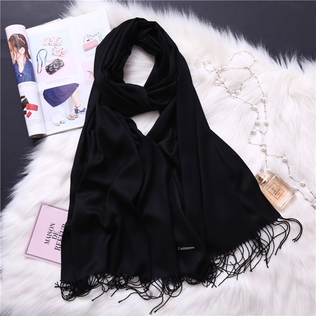 Women Scarf With Tassel Pure Color Thicked Fashion Company School Winter Scarves Ladies Imitation Shawl Wraps Travel Holiday Decorations Black