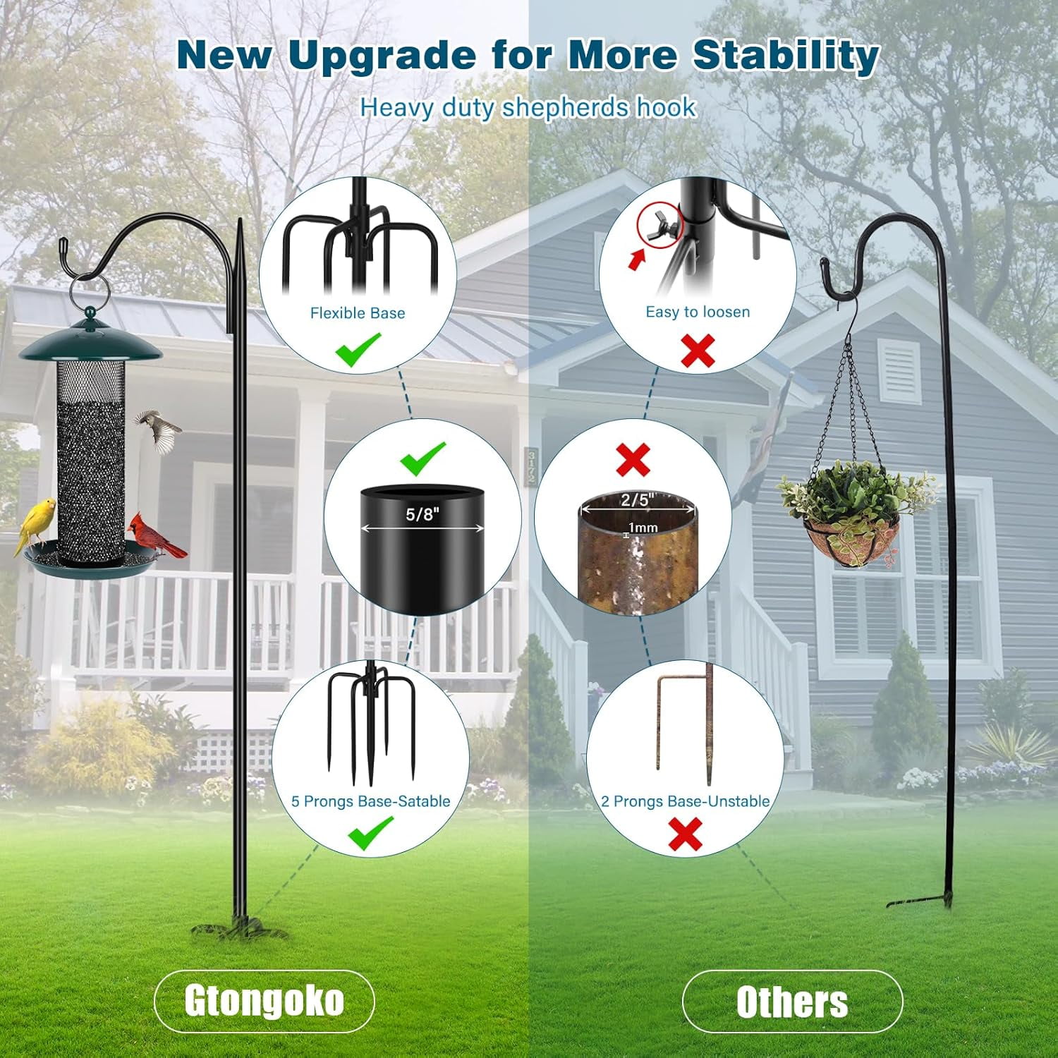 47 inch Small Shepherds Hooks for Outdoor with 5 Prongs, Adjustable Bird Feeder Pole Garden Hooks for Hanging Lanterns, Plants Baskets, Hummingbird Feeders, 1 Pack