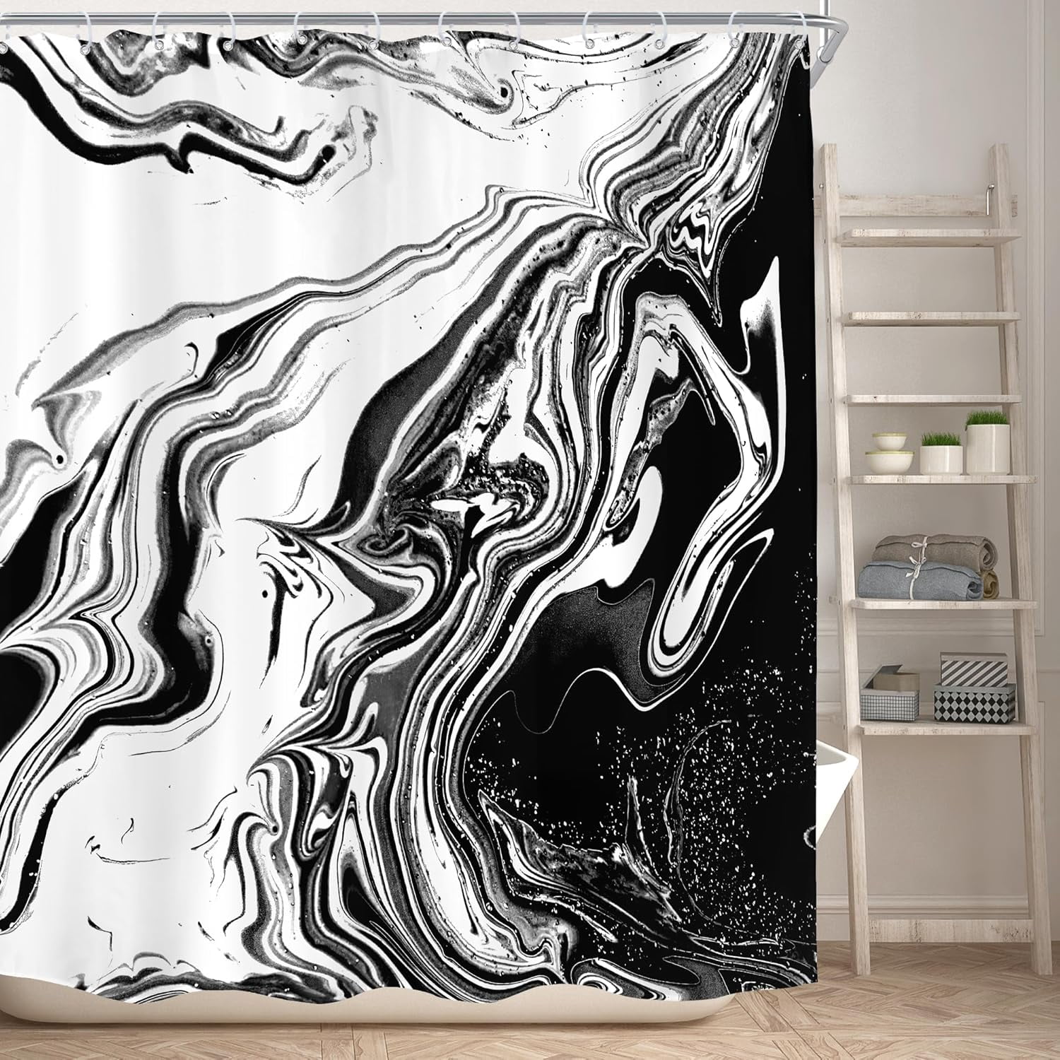 Black White Marble Shower Curtain for Bathroom Decor 72Wx72H Inches Abstract Modern Ombre Ink Texture Aesthetic Minimalist Fluid Liquid Luxury for Men Fabric Waterproof Polyester 12 Pack Hooks