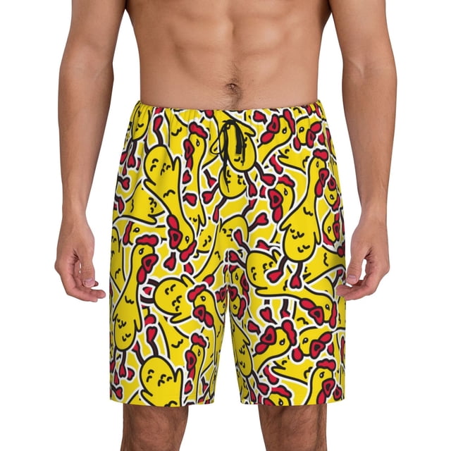 Balery Chicken Cartoon Pantalones cortos de pijama de punto de algodón para hombre con cinturilla y bolsillos-Medium