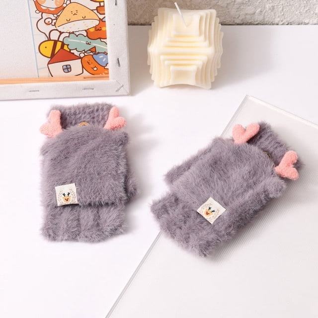 Guantes de invierno cálidos para mujer, con forro polar grueso, para estudiantes, para escribir, montar, tejidos, con dibujos animados, de medio dedo