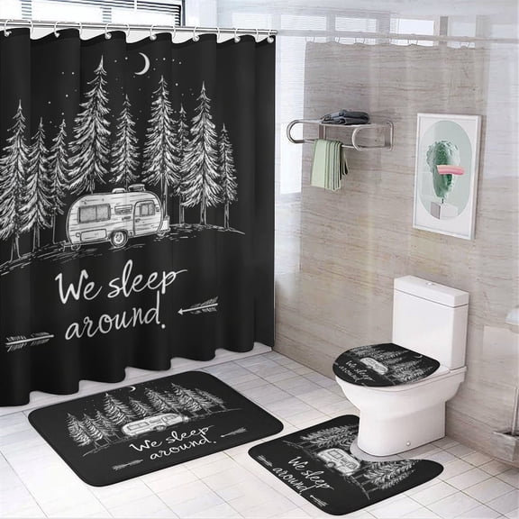 4 Piece Shower Curtain Sets We Sleep Around Bath Mat U-Shaped Floor Mat Toilet Lid Oval Rug Camper Life 12 Plastic Hooks for Bathroom Decor Sets 72inch X 72inch