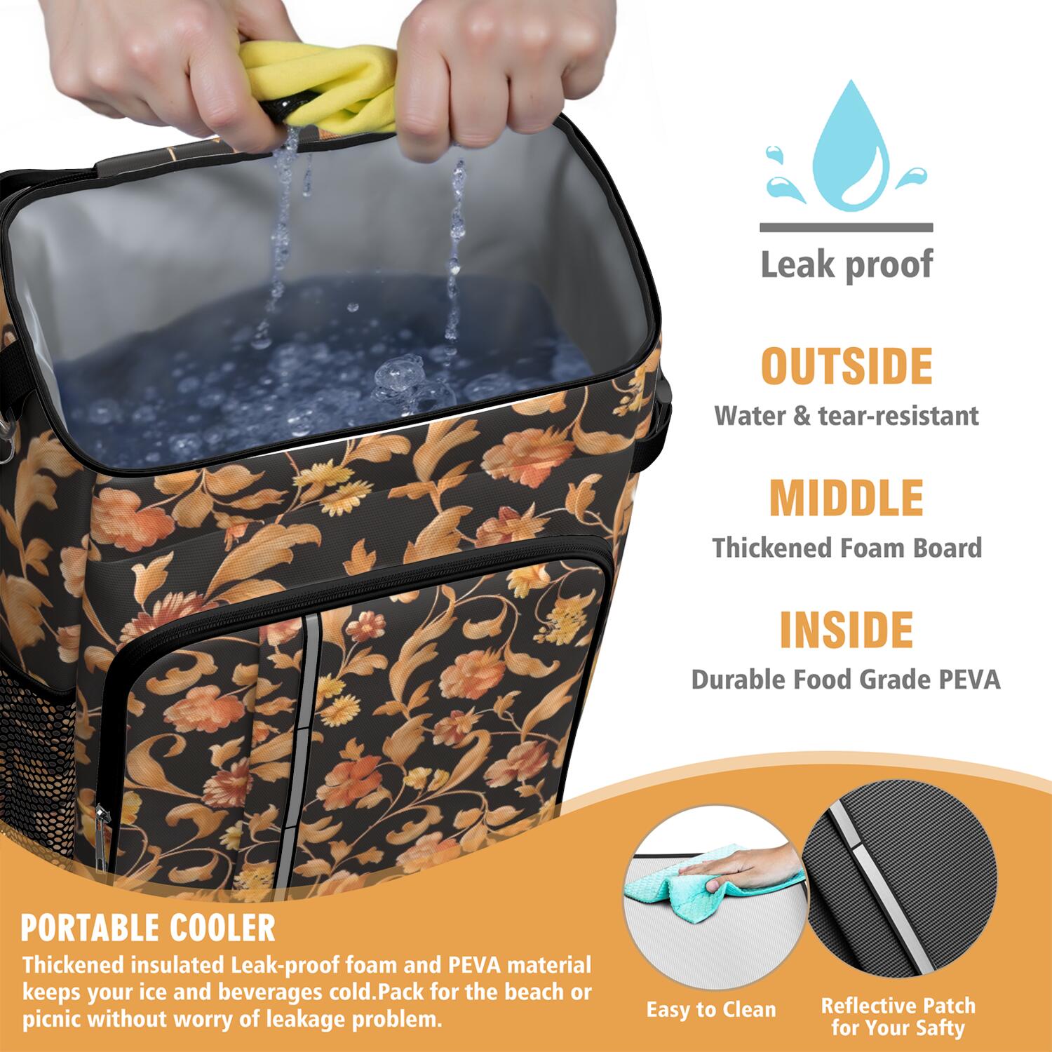 Travel Cooler Bag - Pioneer Flower Floral Print Pattern Camping Beer Cooler Backpack with Bottle Opener- Waterproof Insulated Picnic Backpacks - Cooler Bag for Beach
