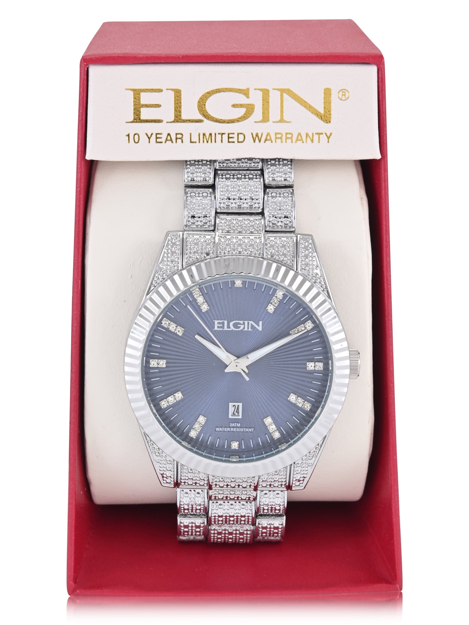 Elgin Adult Men's Silver and Crsytal Round Case Watch with Blue Elgin Adult Men's Silver and Crsytal Round Case Watch with Blue