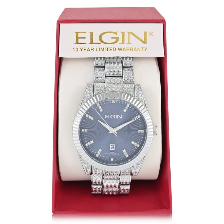 Elgin Adult Men's Silver and Crsytal Round Case Watch with Blue