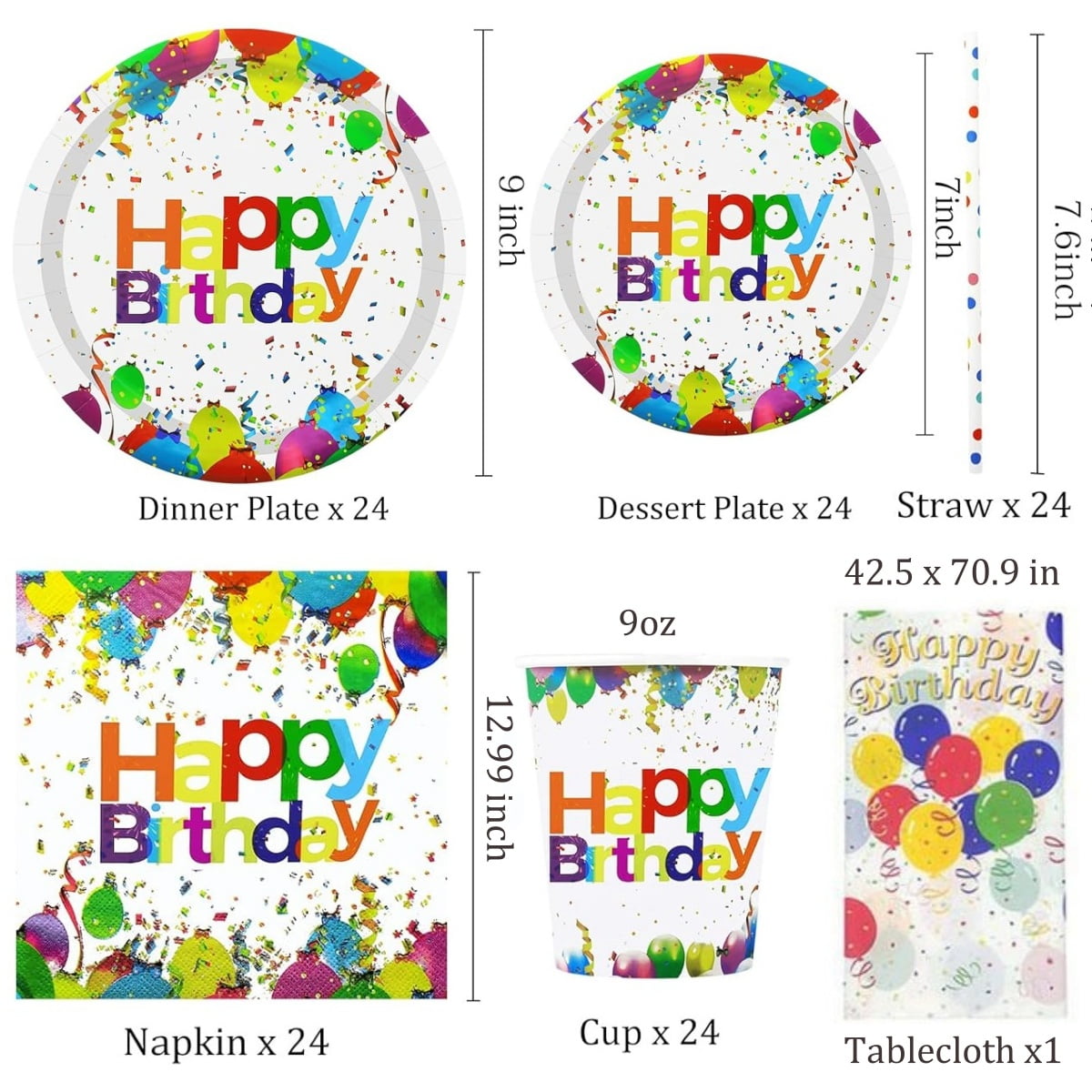 121 Pcs Birthday Party Tableware Set, Boriyuan Birthday Party Supplies with Paper Plates and Cups, Napkins, Straws, Tablecloth, Serves 24 Guests