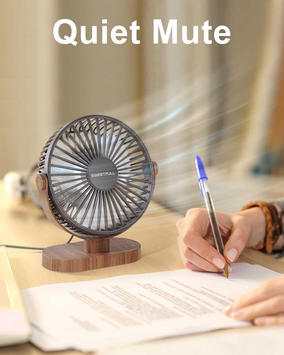 6.5 Inch USB Desk Fan, 3 Speeds, Quiet Portable  Fan with 360° Adjustment, Black Wood Grain